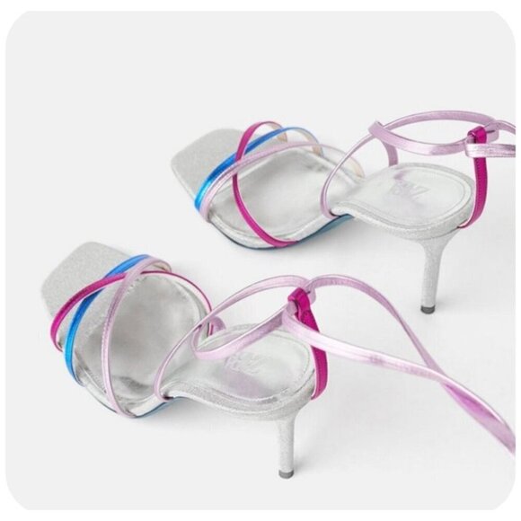 ZARA Blue Collection Sparkle Heels Lace-Up Glitter Metallic Formal Womens 7.5/38 - Picture 8 of 14